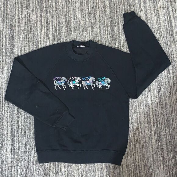 Vintage Jerzees Girls Youth Large Carousel Horses‎ Parade Sweatshirt Black 90s - Picture 1 of 7